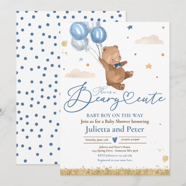 Teddy Bear Beary Cute Baby Boy Blue Baby Shower Invitation (Front/Back)