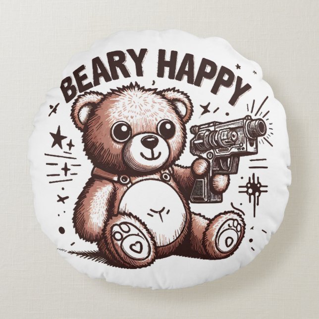 Teddy Bear Beary Happy Round Cushion (Front)