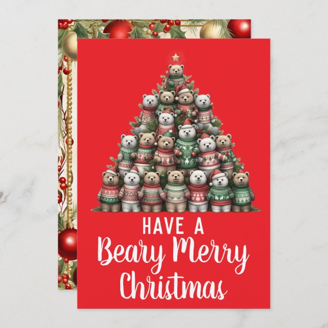 Teddy Bear Beary Merry Christmas Tree Holiday Card (Front/Back)