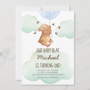 Teddy Bear Bees Baby Bear 1st Birthday Invitation