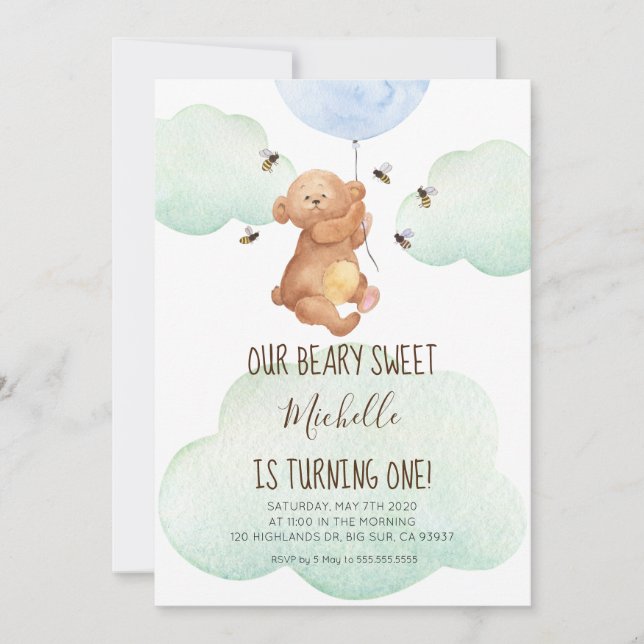 Teddy Bear Bees Beary Sweet Baby 1st Birthday Invitation (Front)