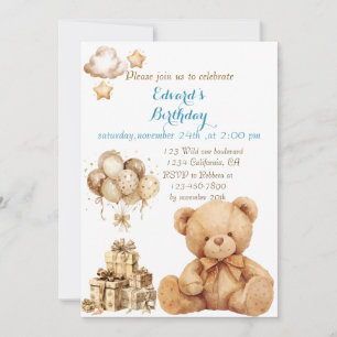 Teddy Bear Beige Balloon Birthday Invitation
