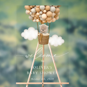 Teddy Bear, Beige Balloons, Baby Shower Welcome Acrylic Sign