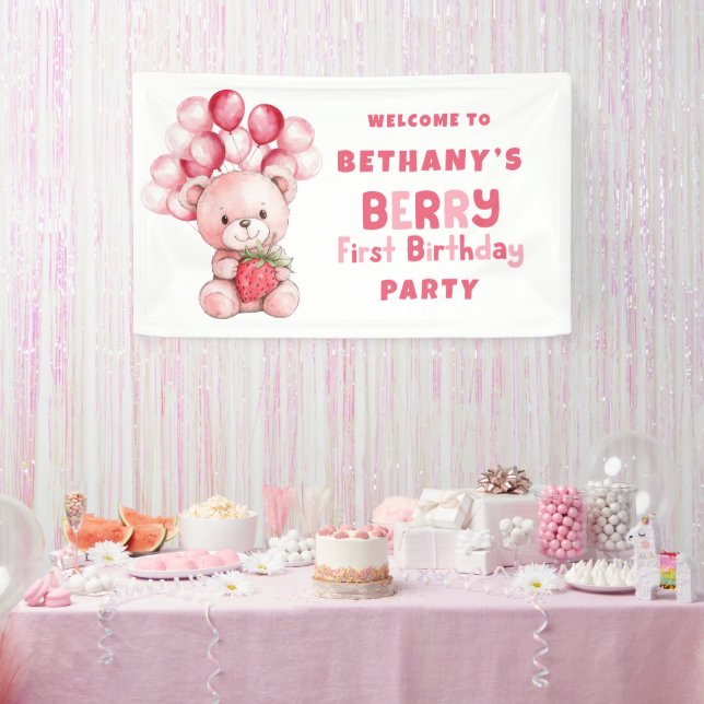 Teddy Bear Berry First Birthday Strawberry Welcome Banner (Party)