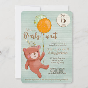 Teddy Bear, Bird and Balloons Baby Shower Invitation