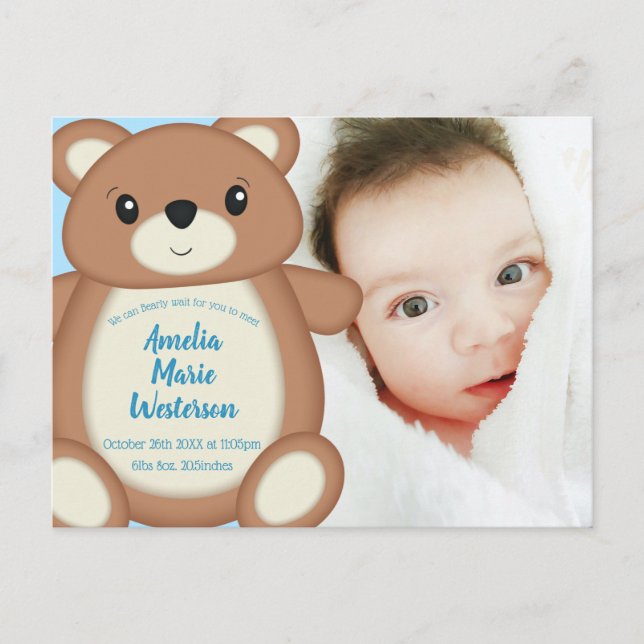 Teddy Bear Birth Announcement Photo Postcard (Front)