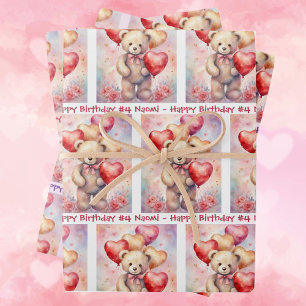 Teddy Bear Birthday Balloons Child's Name & Age Wrapping Paper Sheet