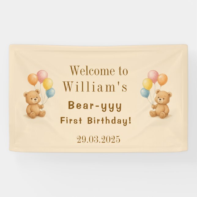 Teddy Bear Birthday Banner with Pastel Balloons (Horizontal)