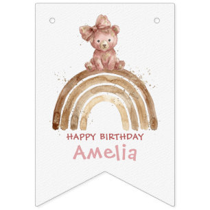 Teddy Bear Birthday Boho Watercolor Sparkle Bow Bunting