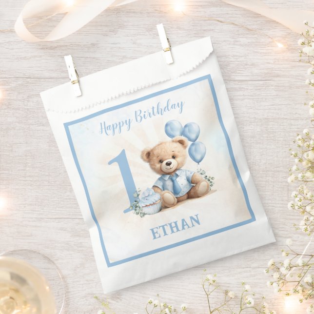 Teddy Bear Birthday Boy Blue Beige Favour Bag  (Clipped)