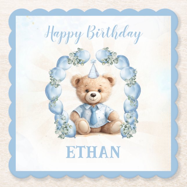 Teddy Bear Birthday Boy Blue Paper Coaster  (Front)