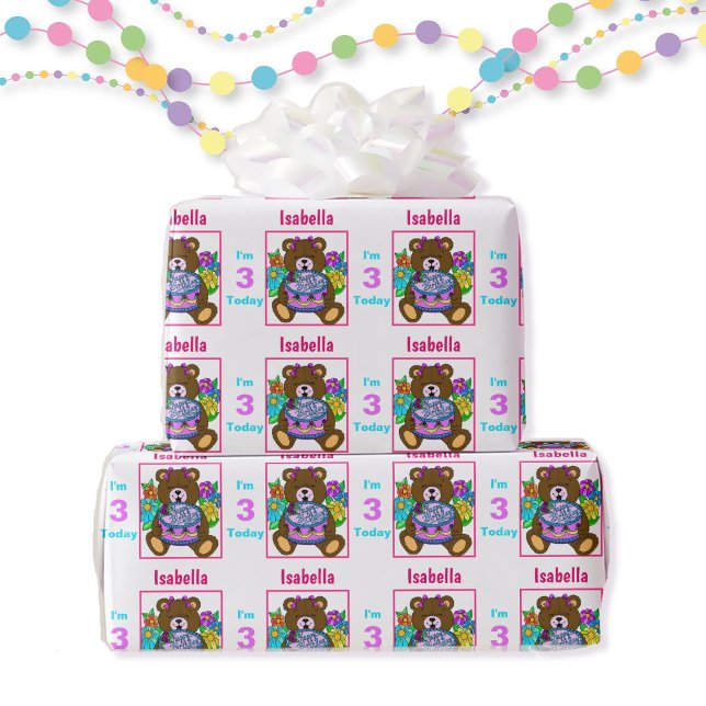 Teddy Bear Birthday Cake Name Age Pink Wrapping Paper (Creator Uploaded)