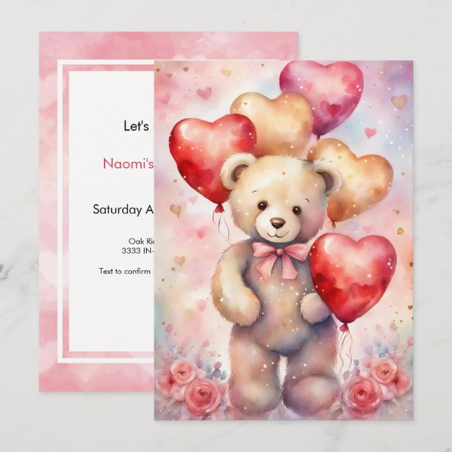 Teddy Bear Birthday Girl's Party Custom Details Invitation (Front/Back)