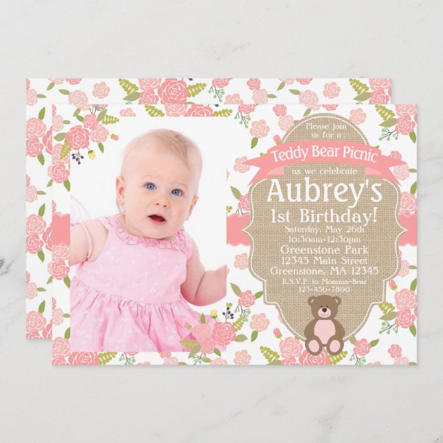 Teddy Bear Birthday Invitation - Teddy Bear Picnic (Front/Back)