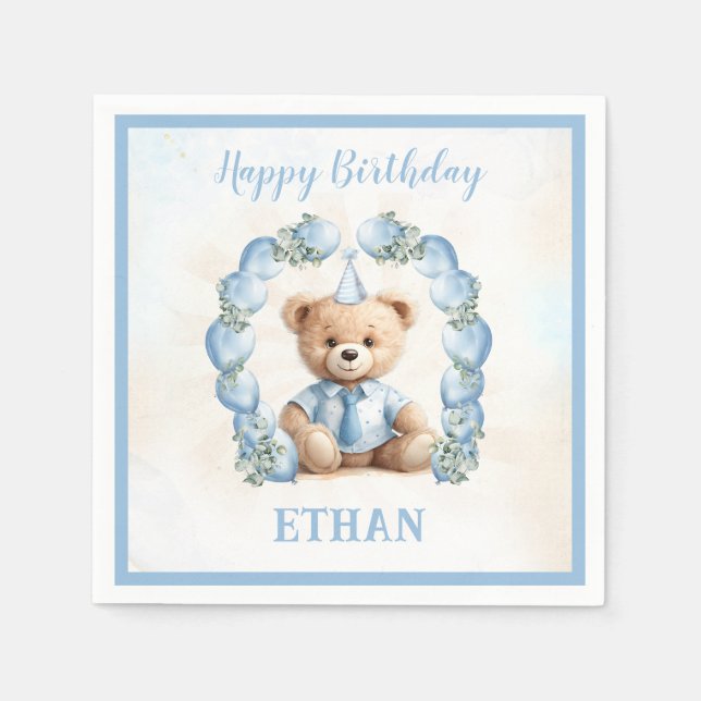 Teddy Bear Birthday Little Boy Blue Paper Napkins (Front)