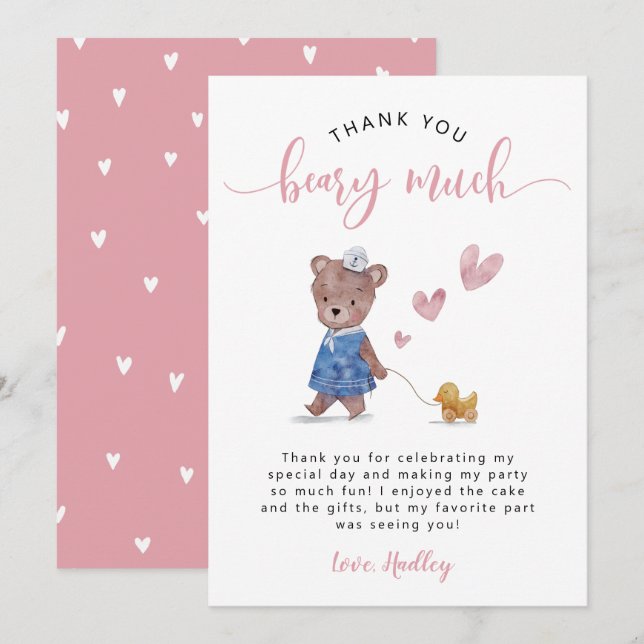 Teddy Bear Birthday Party Pink Thank You Card (Front/Back)