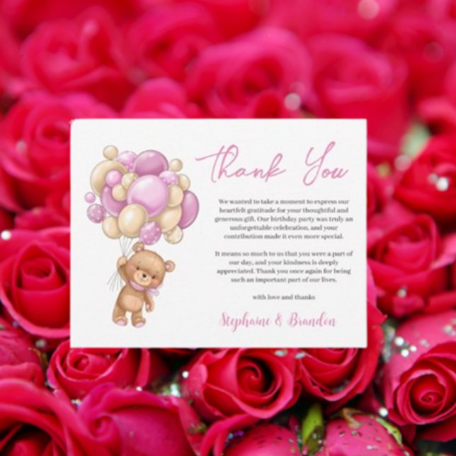 Teddy Bear Birthday Pink thank you Holiday Card (Thank you again for your wonderful gift and for being such an amazing friend.)