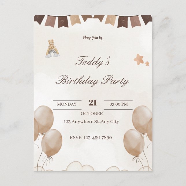 Teddy Bear Birthday Welcome Postcard  (Front)