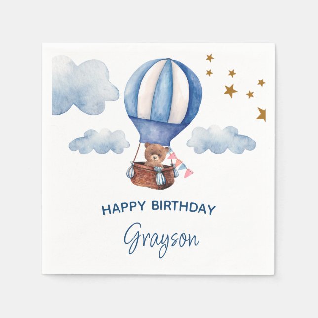 Teddy Bear Blue 1st Birthday Napkin (Front)