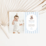 Teddy Bear Blue 1st Birthday Photo Thank You Card<br><div class="desc">Grandmillennial Teddy Bear Birthday Photo Thank You Card,  featuring classic blue watercolor stripes and a vintage teddy bear</div>