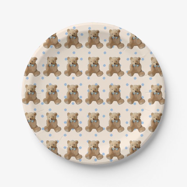 Teddy Bear Blue and Tan Polka Dotted cake  Plate (Front)