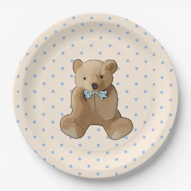 Teddy Bear Blue and Tan Polka Dotted Party Plate (Front)