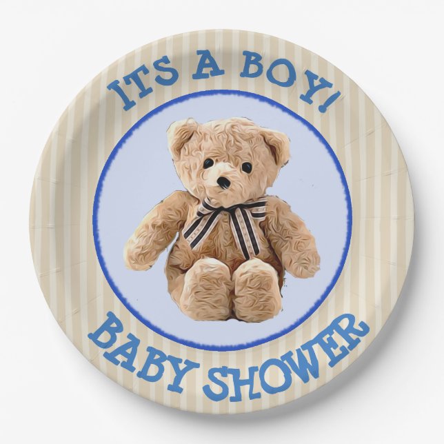 Teddy Bear Blue and Tan Polka Dotted Party Plate (Front)