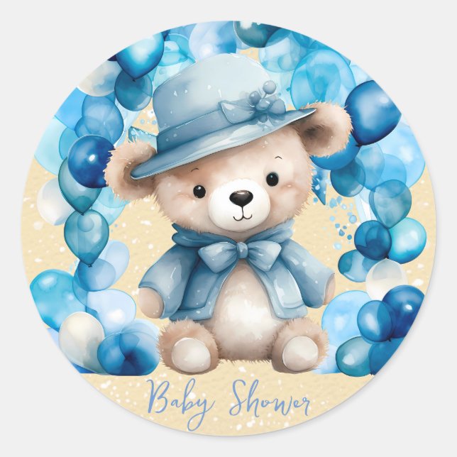 Teddy Bear Blue Arch Balloons Boy Baby Shower Classic Round Sticker (Front)