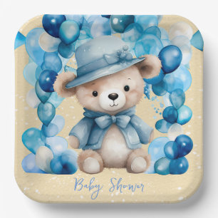 Teddy Bear Blue Arch Balloons Boy Baby Shower Paper Plate