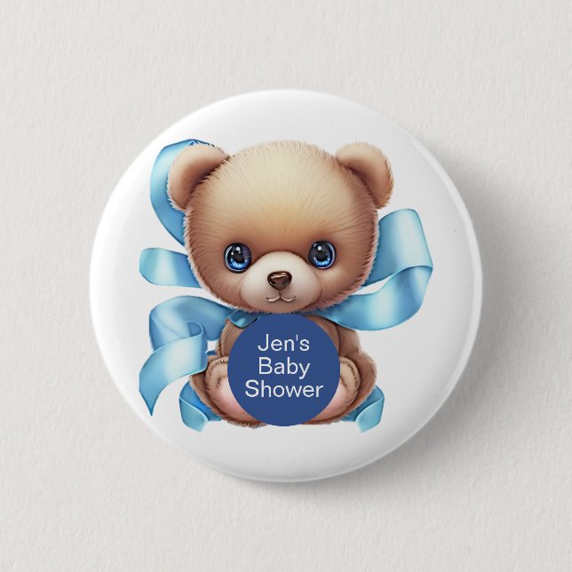 Teddy Bear Blue Baby Shower 6 Cm Round Badge (Front)