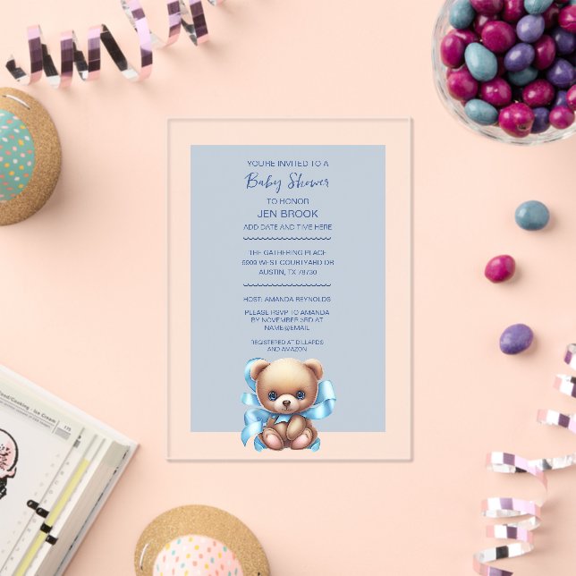 Teddy Bear Blue Baby Shower Acrylic Invitation (Insitu (Celebration))