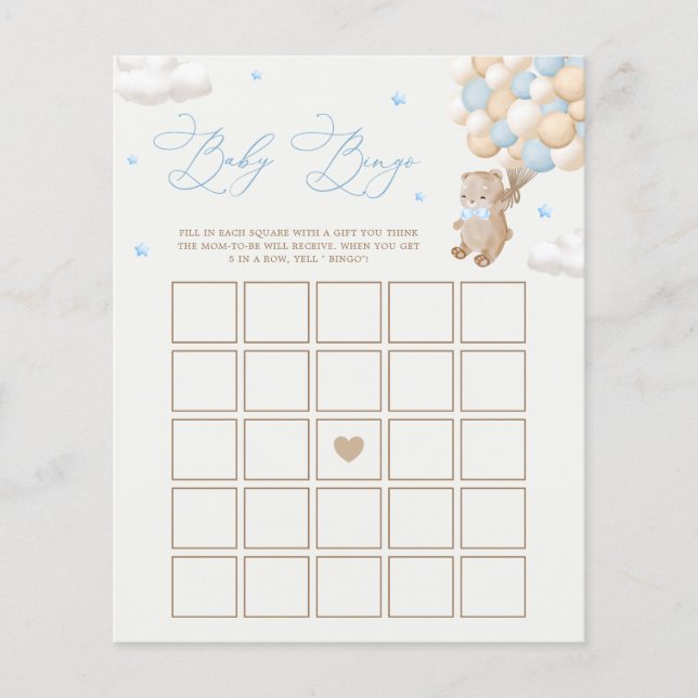 Teddy Bear Blue Baby Shower Bingo Game (Front)