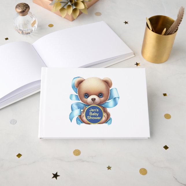 Teddy Bear Blue Baby Shower Guest Book (Front Open)