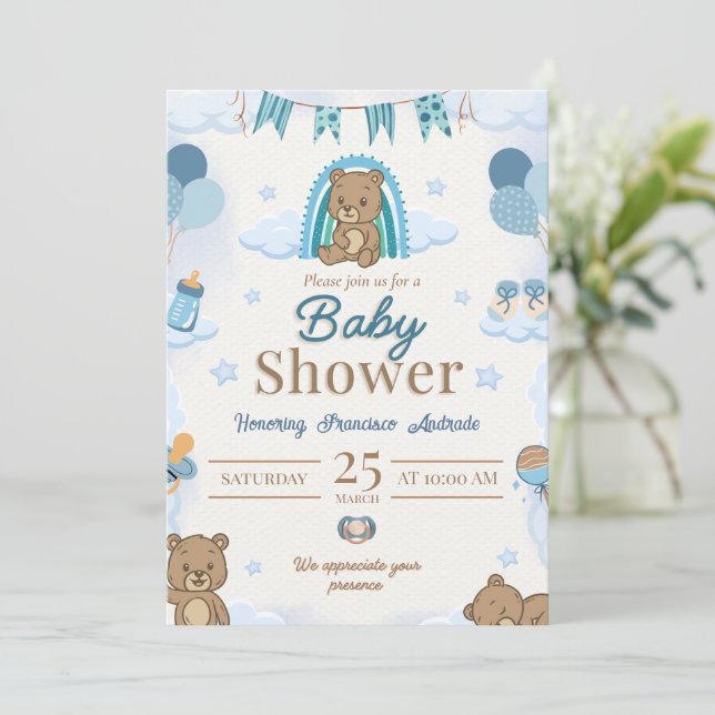 Teddy Bear Blue Baby Shower Invitation (Standing Front)