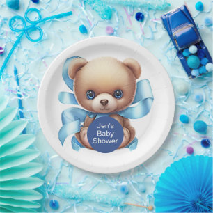 Teddy Bear Blue Baby Shower Paper Plate