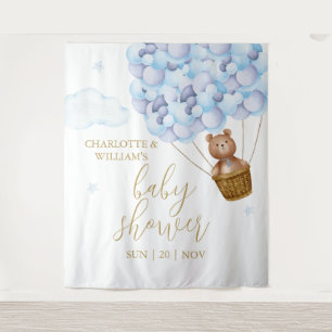 Teddy Bear Blue Baby Shower Photo Backdrop Tapestry