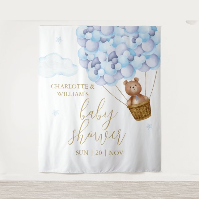 Teddy Bear Blue Baby Shower Photo Backdrop Tapestry (Front)