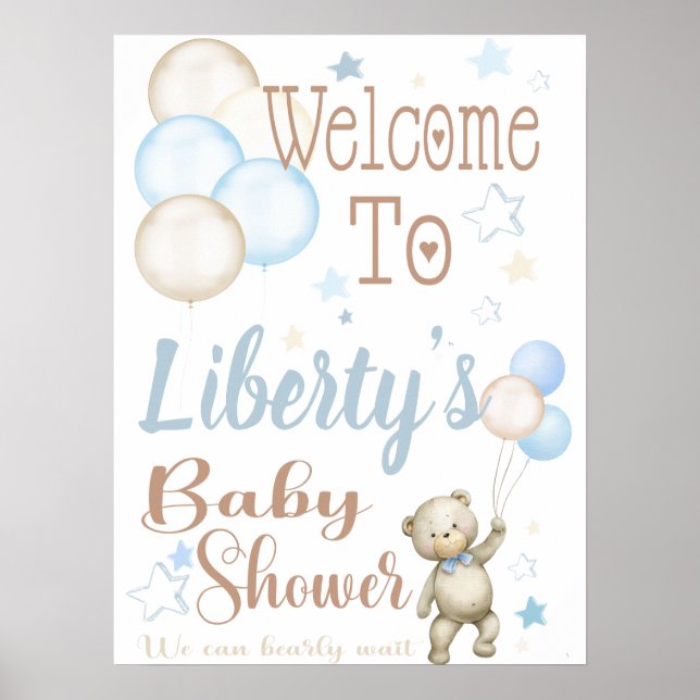 Teddy Bear Blue Baby Shower Welcome Sign Poster (Front)
