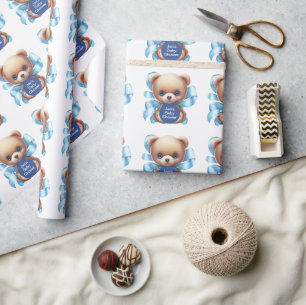 Teddy Bear Blue Baby Shower Wrapping Paper