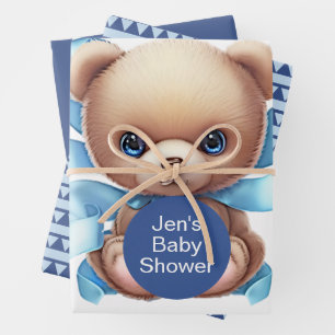Teddy Bear Blue Baby Shower Wrapping Paper Sheet