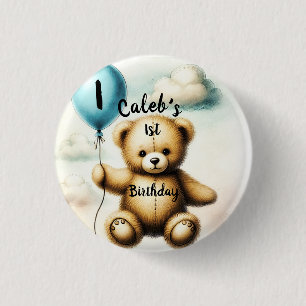 Teddy Bear Blue Balloon 1st Birthday Party 3 Cm Round Badge