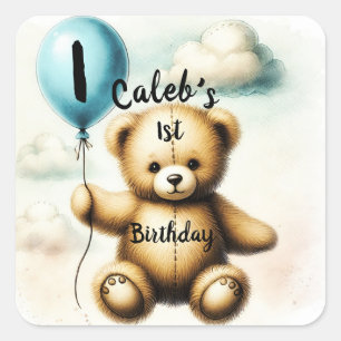 Teddy Bear Blue Balloon 1st Birthday Party Square Sticker