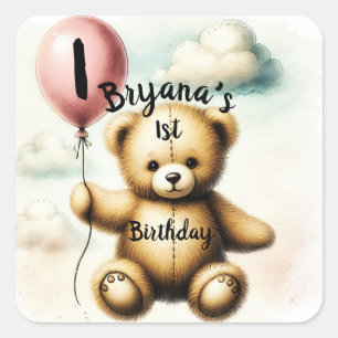 Teddy Bear Blue Balloon 1st Birthday Party Square Sticker