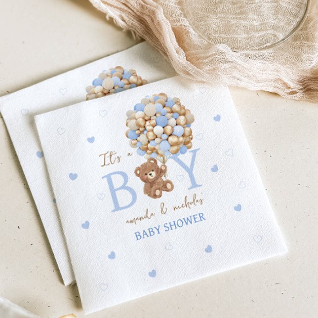 Teddy Bear Blue Balloon Baby Boy shower Napkin (Creator Uploaded)