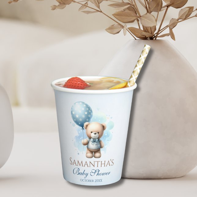 Teddy Bear Blue Balloon Baby Boy Shower Paper Cups (Creator Uploaded)