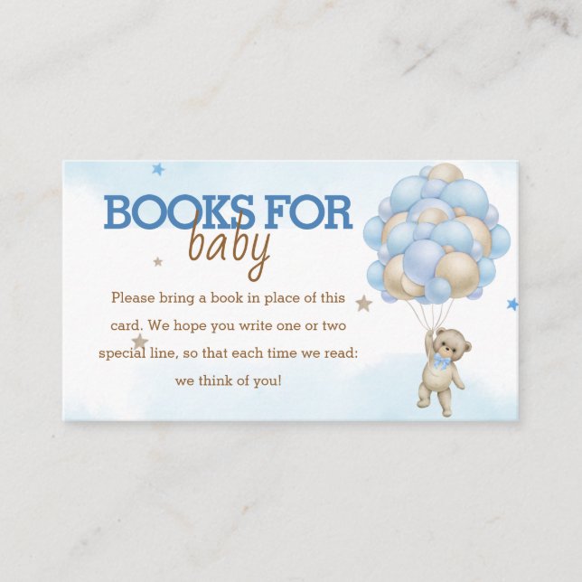 Teddy Bear Blue Balloon Baby Shower Books for Baby Enclosure Card (Front)