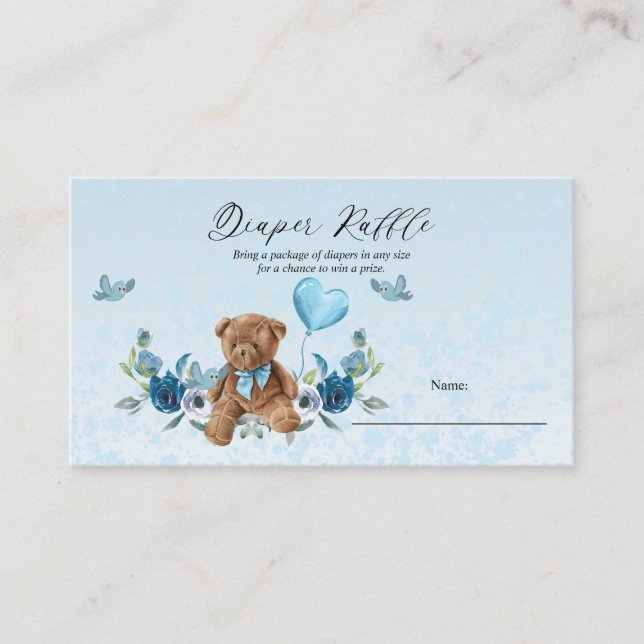 Teddy Bear Blue Balloon Baby Shower Diaper Raffle  Enclosure Card (Front)