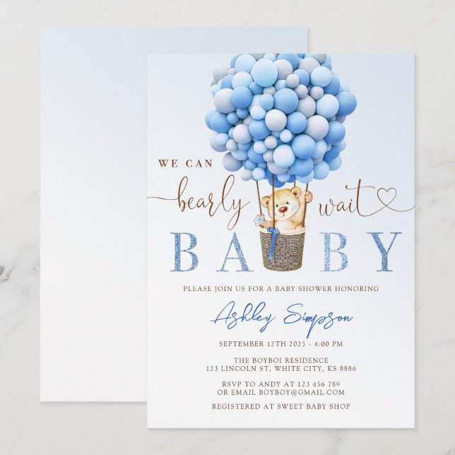 Teddy Bear Blue Balloon Baby Shower Invitation (Front/Back)