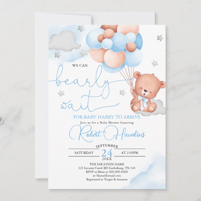 Teddy Bear Blue Balloon Baby Shower Invitation (Front)