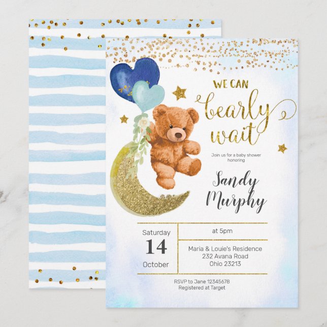 Teddy Bear Blue Balloon Baby Shower Invitation (Front/Back)